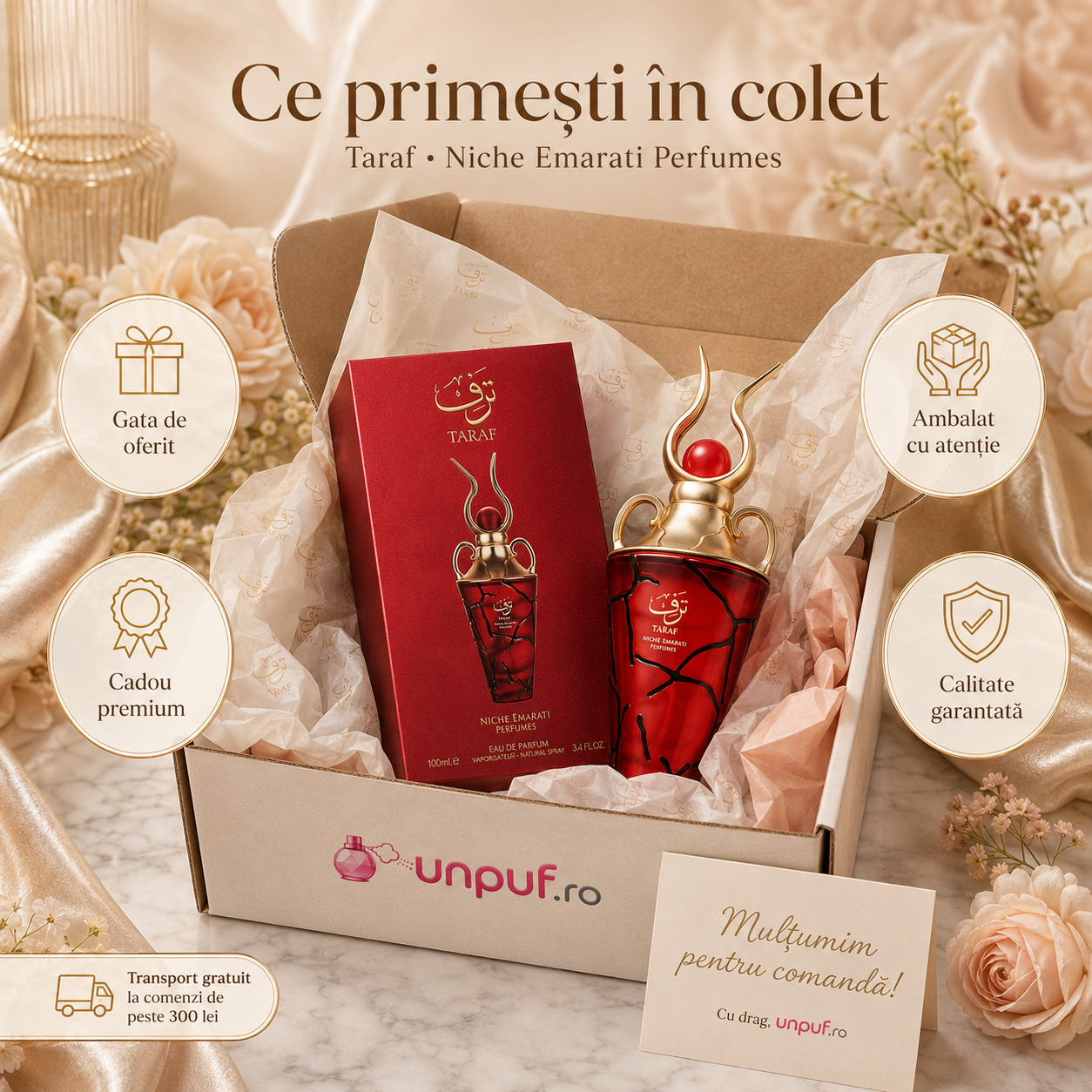 Ce primești &icirc;n colet parfum Taraf Niche Emarati Perfumes ambalat cu atenție, cadou premium pentru femei